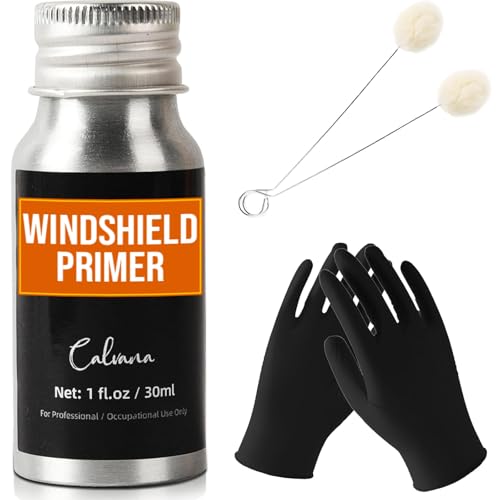 Calvana 1 fl.oz Windshield Primer, Urethane Primer for Automotive, Promotes Adhesion of Polyurethane Sealants, UV Resistant, Fast Drying, with 1 Pair Gloves, 2 Applicator Sticks, Black