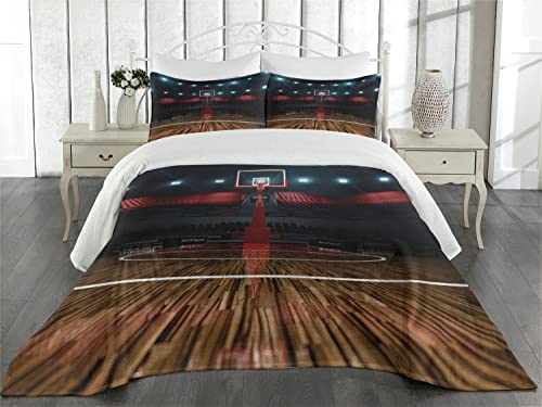 Ambesonne Teen Room Coverlet, Professional Basketball Arena Stadium Before The Game Championship Sports Image, 3 Piece Decorative Quilted Bedspread Set with 2 Pillow Shams, King Size, Black Magenta