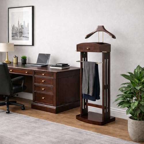 Image of Proman Products Milan Valet Stand with Drawer, Top Tray, Contour Hanger, Trouser Bar, Tie & Belt Hooks and Shoe Rack - VL16226, Dark Walnut