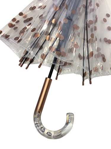 SMATI Paris - Lady’s Clear Birdcage Umbrella in Coppery Metallica color Dots – Transparent; Windproof; Auto open; Crystal style handle; French design; Dome shape umbrella