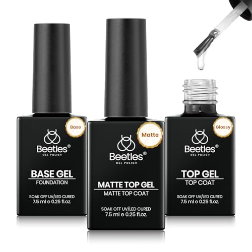 Beetles Gel Top Coat, Matte Top and Base Coat Set, 3 Pcs 10ml Glossy Matte No Wipe Long Lasting Basic Combination Soak Off LED Nail Lamp Art DIY Design Gifts for Women