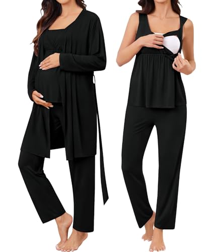 Image of SWOMOG Maternity Nursing Robe Set 3 Piece Breastfeeding Pajamas 3 in 1 Labor Delivery Sleevless Tops&Long Pants Pregnancy Pjs