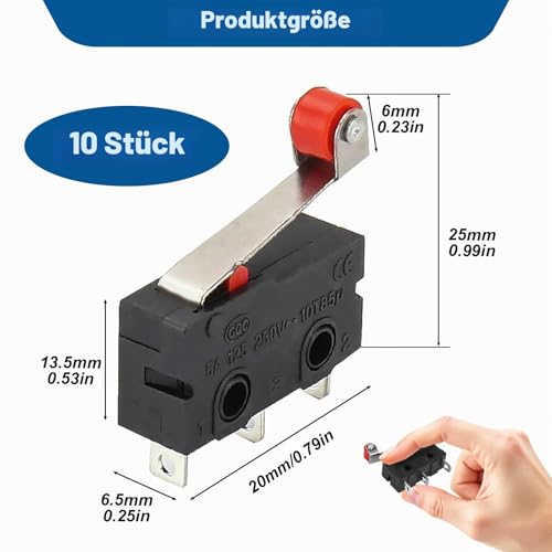 10 Stück MikroschalterEndschalter Mit Rollenhebel 250V 5A SPDT, Mini Mikroschalter Roller, Miniatur Endschalter 1NO 1NC, Limit Switch 3 Pins für Mechanik Elektronische Automaten