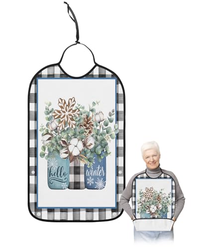 Adult Bibs for Elderly Women - Christmas Waterproof Dining Clothing Protectors with Crumb Catcher for Eating/Feeding, Xmas Eucalyptus Leaves Cotton Black White Plaid Terry Cloth Bib Machine Washable