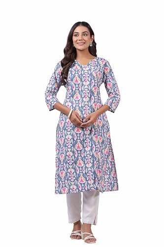 Image of Ichaa Women's Cotton Kurta | Printed Straight Kurta | V-Neck, 3 /4th Sleeve, Ethnic Wear