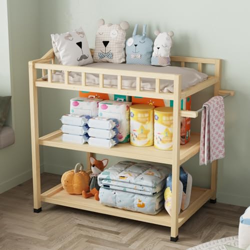 Image of ROMSHINE Infant Changing Table in Natural, Solid Wood Structure with Weight Capacity Up to 30LBS, Portable Changing Station for Baby Nursery, New Zealand Pinewood