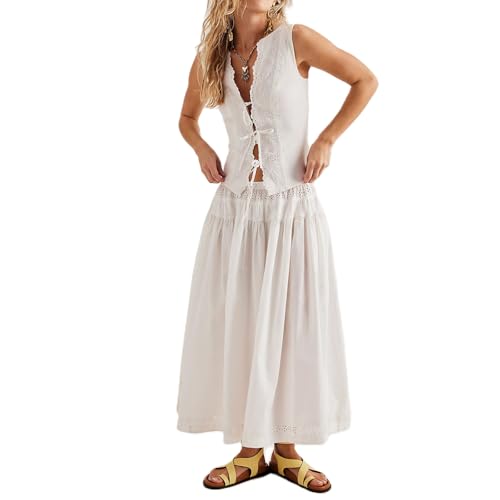 Yuemengxuan Maxi Skirt Sets for Women Y2k Summer Dresses Tie Front Tops and Long Skirts Cutout Beach 2 Piece Outfits