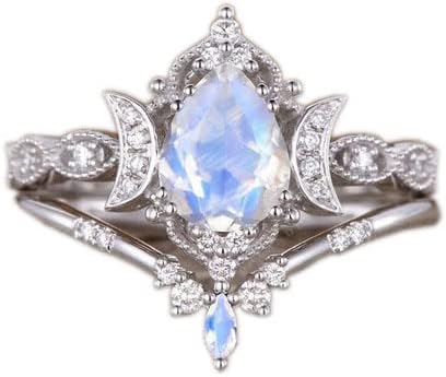 925 Sterling Silver White Moonstone Engagement Ring Set | Pear Shaped Moonstone and CZ Diamond Ring | 2pcs Vintage Moon Floral Wedding Ring for Women