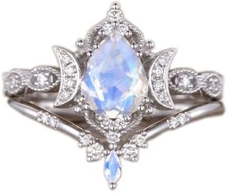 925 Sterling Silver White Moonstone Engagement Ring Set | Pear Shaped Moonstone and CZ Diamond Ring | 2pcs Vintage Moon Floral Wedding Ring for Women