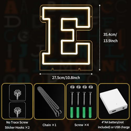 Image of Light Up Letters E, Led Marquee Letter Lights Neon Sign, 13.9 inch Height Decorative Lighted Alphabet Number, Battery /USB Powered Led Letters Lights for Wedding, Birthday, Party, Christmas or Home Decor
