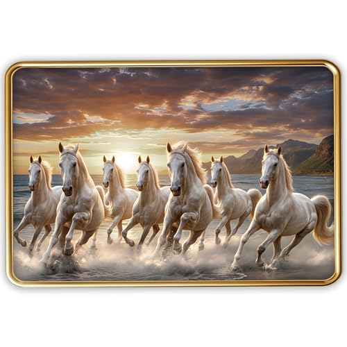 Image of Vastu 7 Seven Running Horse Photo Frame, Golden Slim Frame, Sparkle Coated Lamination, 30x45 cm (Design 16)