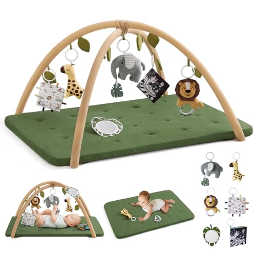 Image of Blissful Diary Baby Play Gym Mat, Extra Thick Muslin Cotton Tummy Time Mat with 6 Sensory Toys for Newborn Development, Non-Slip Cushioned Foam Padding, Baby Essentials Shower Gift, Forest Green