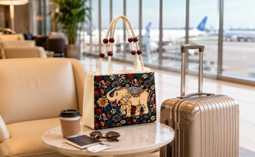 Image of Elephant Print Canvas Tote Bag for Women, Ethnic Shoulder Handbag with Multicolor Elephant Design, Dual Handle Everyday Carry Bag for Shopping, Office, College, Travel & Daily Use
