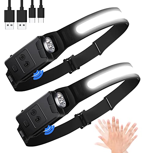BUTHSKU Headlamp Rechargeable 2PCS, 230Â° Wide Beam & Spotlight Head Lamp LED with Motion Sensor for Adults, Waterproof Lightweight Head Light for Camping, Fishing, Running, Hiking