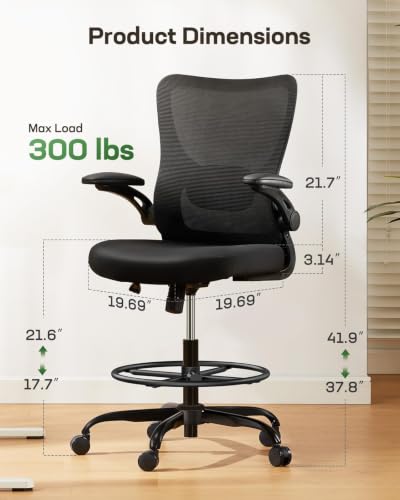 Image of Marsail Drafting Chair, Tall Office Chair with 2D Lumbar Support, Standing Desk Chair with Padded Flip-Up Armrests & Adjustable Footrest Ring, Black,Pack of 5
