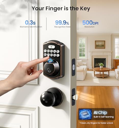 Image of Veise Fingerprint Door Lock with 2 Knobs - Keyless Entry Door Lock with Handle, Electronic Keypad Deadbolt, Smart Front Handle Set, Auto-Locking, Waterproof, Easy Installation, Oil-Rubbed Bronze