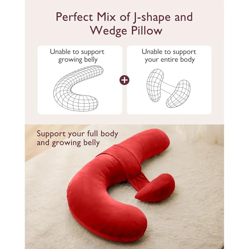 Image of J-Shaped Sleeping Pregnancy Pillow| Removable Velvet Covers| PregnoCare Fibres| Baby Shower Gift, Maternity, Nursing| Full Body Soft-Support Bump, Head, Back, Shoulder, Hips, Legs and Belly (Red)