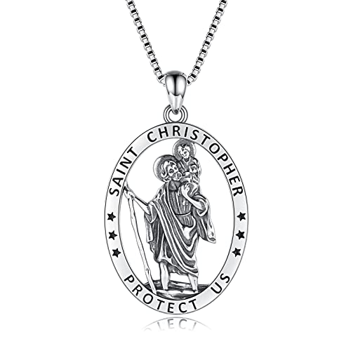Sterling Silver Saint Christopher Jude Thaddaeus Virgin Mary Lady of Guadalupe Necklace Women Men Medal Oval-Shaped Pendant Amulet Jewelry Gift (Saint Christopher)
