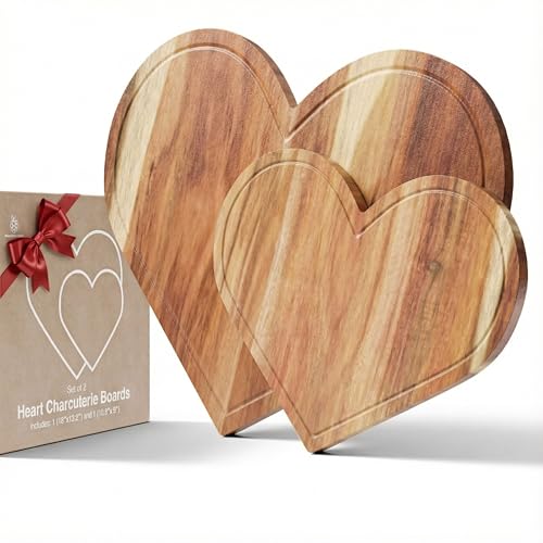 New - Set of 2 Heart Charcuterie Boards - Acacia Wood Cutting Heart Shaped Charcuterie Board, Wooden Serving Tray, or Platter Valentines Gifts