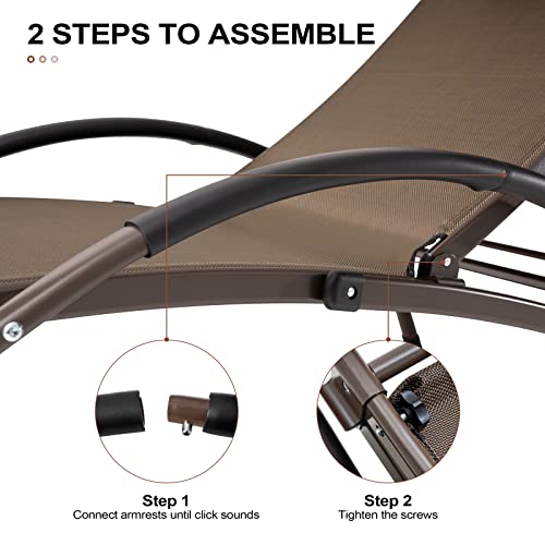 Crestlive Products Adjustable Chaise Lounge Aluminum Lounge Chair Five-Position Outdoor Recliner With Padded Headrest & Curved Armrest All Weather For Patio, Beach, Yard, Pool (2Pcs Brown) #TOP5