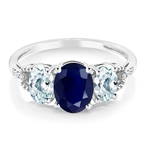 Gem Stone King 2.70 Cttw 10K White Gold Oval Blue Sapphire Sky Blue Aquamarine and Diamond Accent 3-Stone Engagement Ring | 3 Stone Wedding Anniversary Promise Ring For Women3