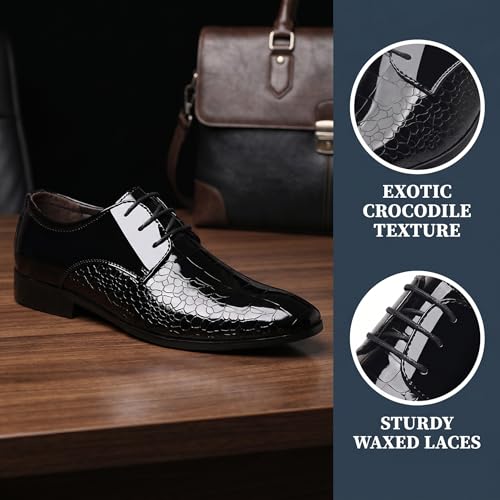 Image of Men's Crocodile Print Patent Leather Oxfords - Formal Business Lace-Up Dress Shoes for Wedding Prom Tuxedo
