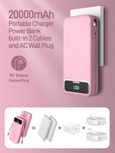 Image of Nusyddy Portable Charger 20000mAh 22.5W w /Built-in Cables & Wall Plug Pink | 22.5W Fast Charging, High Capacity, LED Display, Charge 5 Devices at once, TSA Approved, Compatible with iPhone /iPad /Samsung