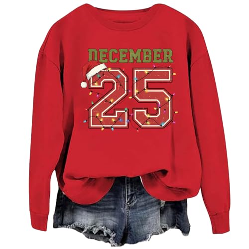 Image of TONGCHEN December 25 Santa Hat Festive Lights Christmas Sweatshirt Retro Black Long Sleeve Holiday Crewneck Pullover (US, Alpha, XX-Large, Regular, Regular, Red)