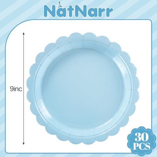 NatNarr 30 Stück Hellblaue Pappteller, 9 Inch Einweg Party Pappteller mit Wellenschliff, Babyblau Dessertteller für Geburtstag, Babyparty, Hochzeit