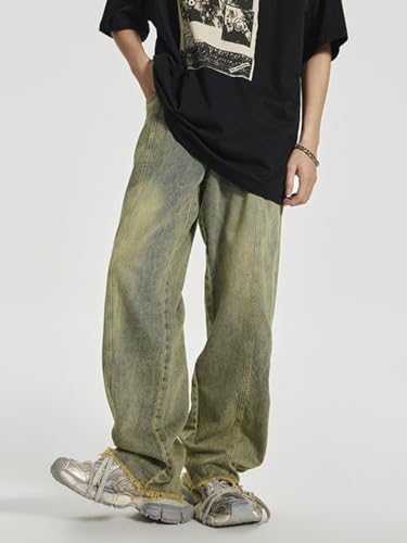 Jeans Pants Trouser Denim Spring High Street Yellow Mud Men's Fashion Retro Straight Hairy Haired Men and Women4