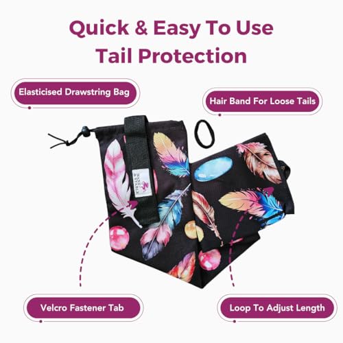 Image of MANE & STABLE Horse Tail Bag - 31.5 inch Waterproof Adjustable Tail Wrap, Black Feathers | Lined Protector for Braided or Loose Tails