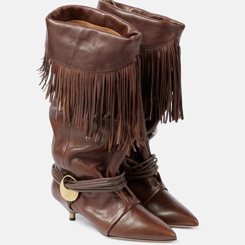 Brown Mid Calf Boots for Women Fringe Tassel Fold Over Cowgirl Boots Western Pointed Toe Kitten Low Heel Slouchy Pull On Fall Boots3