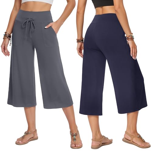 Image of TNNZEET 3 Pack Women's Wide Leg Pants with Pockets - Casual Loose Yoga Trouser Pants Sweatpants Palazzo Lounge Pajama Pants