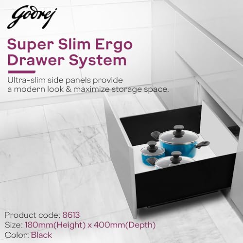 Image of Godrej Kitchen Fittings| Soft Close Slim Drawer Slides | 35 Kg Load Capacity | 3D Three-Way Adjustment Clips | for Kitchen Cabinets & Modular Furniture | Available in 8 X 16 inch, Black