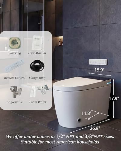 Image of Smart Toilet with Auto Open /Close, Bidet Function, Heated Seat & Dryer, One Piece Elongated Modern Toilet with Foam Shield Technology, Heated Seat, Night Light,Tankless Toilets for Bathrooms