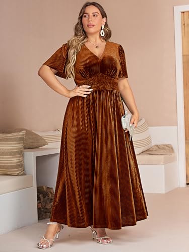 Image of Simplee Women's V Neck Velvet Maxi Dress Short Sleeve Empire Waist Long Formal Dress for Wedding Guest