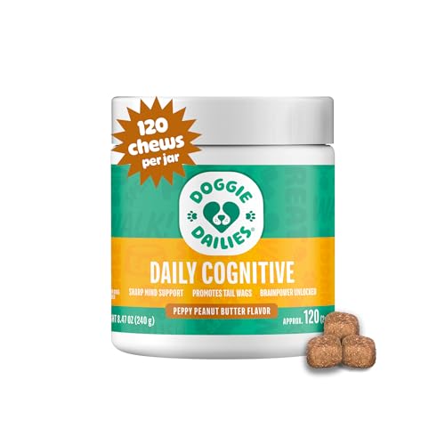 Doggie Dailies Cognitive Puppy Chews, Vitamins with DHA, Selenium, Organic Ashwagandha & Antioxidants to Support Brain Health, Nervous System Function & Promote Calmness (Peanut Butter) 120 Soft Chews