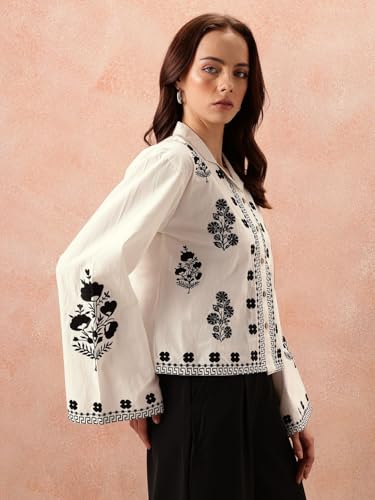 Image of Bee M Pee Designer Women's Embroidered Korean Crop Shirt | Full Bell Sleeves Western Tops for Woman Stylish | Oversized Formal /Casual /Office Wear Cotton Shirts Top for Women