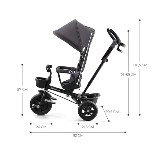 Kinderkraft Aveo Dreirad ab 9 Monaten bis 25 kg, Kinderdreirad mit Schubstange, kompakt zusammenklappbar, drehbarer Sitz, ausklappbares Verdeck mit Sonnenschutz, inkl. Getränkehalter und Korb, Grau