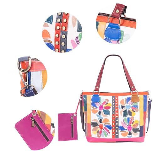 Image of Multicolored Floral Pattern Tote Handbags Leather Shoulder Crossbody Bags for Ladies Patchwork Colorful backpack