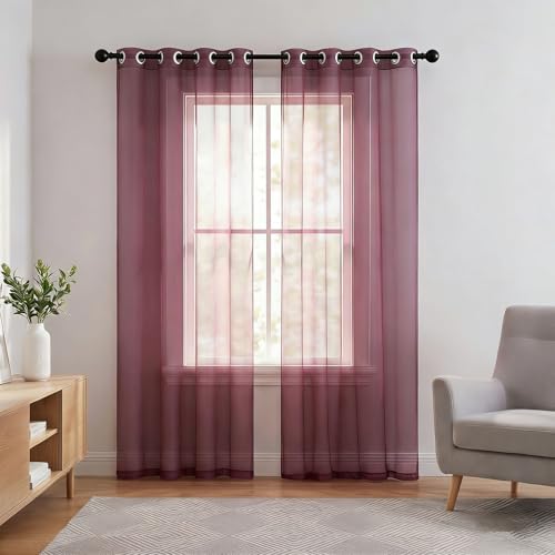 HOKXUAN Cortinas Salon Translucidas 45 x 130 cm Decorativos Fácil de Limpiar y sin Arrugas Efecto Lino Poliester Visillo Translucido para Dormitorio, Morado
