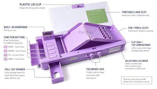 Image of Purple Multifunction Pencil Box for Girls with 2-Digit Password Lock, Built-in Sharpener & Calendar, Dual Sided Magnetic Geometry Compass Box with Buttons, School Gift (Password Lock Kuromi)