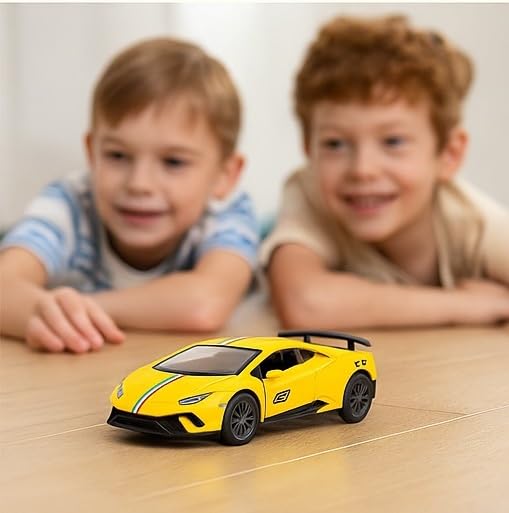 Image of 1:32 Scale Lamborghini Die-Cast Car - Alloy Pull Back Toy Vehicle with Openable Doors - Sports Car Model with Realistic Detailing for Boys, Kids & Collectors (Yellow)
