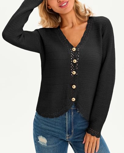 Image of Saodimallsu Womens V Neck Cardigan Sweaters Button Up Cropped Boho Knit Long Sleeve Loose Trendy Sweater Tops