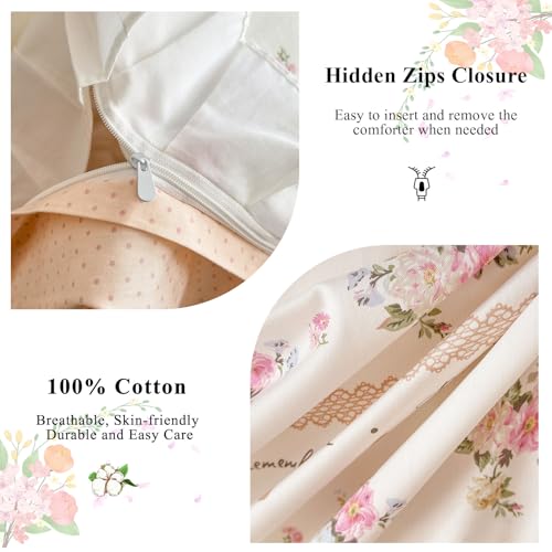 Image of VM VOUGEMARKET Ruffle Duvet Cover Queen with Elegant Pink Flower Printed Romantic Lace Comforter Cover with Zipper Ties Cotton Princess Bedding Set for Teen Girls