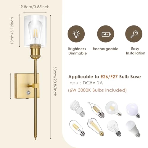 Image of Neoglint Battery Operated Wall Sconces Set of 2, 5000mAh Rechargeable Wireless Wall Lights, Satin Brass Gold with Glass Shade, Dimmable Touch Control Non-Hardwired Lamps for Bedroom Living Room