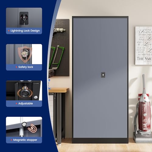 Image of Yizosh Metal Garage Storage Cabinet with Lock, 71 inch Locking Tool Cabinet with 2 Doors and 4 Shelves, Tall Steel Cabinet for Garage, Heavy Duty File Cabinet for Office, School (Black Gray)