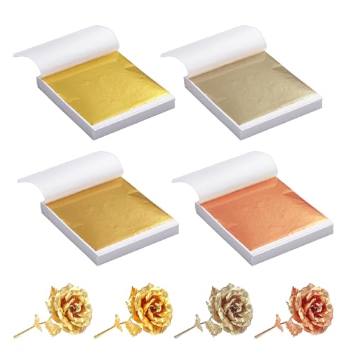 Pushiibee Pan de Oro Imitación, 400 Hojas de Pan de Oro Imitación para Manualidades y Dorado, 4 Colores Láminas de Papel Dorado y Plata para Decoración y Nail Art