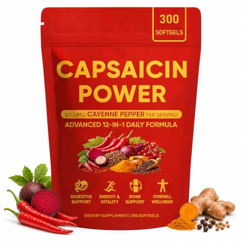Capsaicin Power - Cayenne Pepper Softgels Capsaicin Supplements with Vitamin D3 K2 Turmeric Grape Seed & Beetroot Supports Leg Vein Digestive & Gut Health 300 Capsules