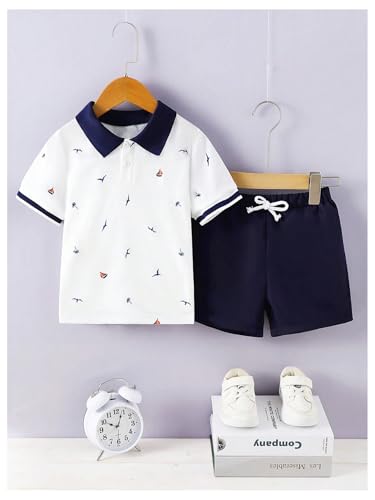 Image of WDIRARA Boy's 2 Piece Outfits Printed Button Front Short Sleeve Collar Tee Top and Shorts Set White 6Y